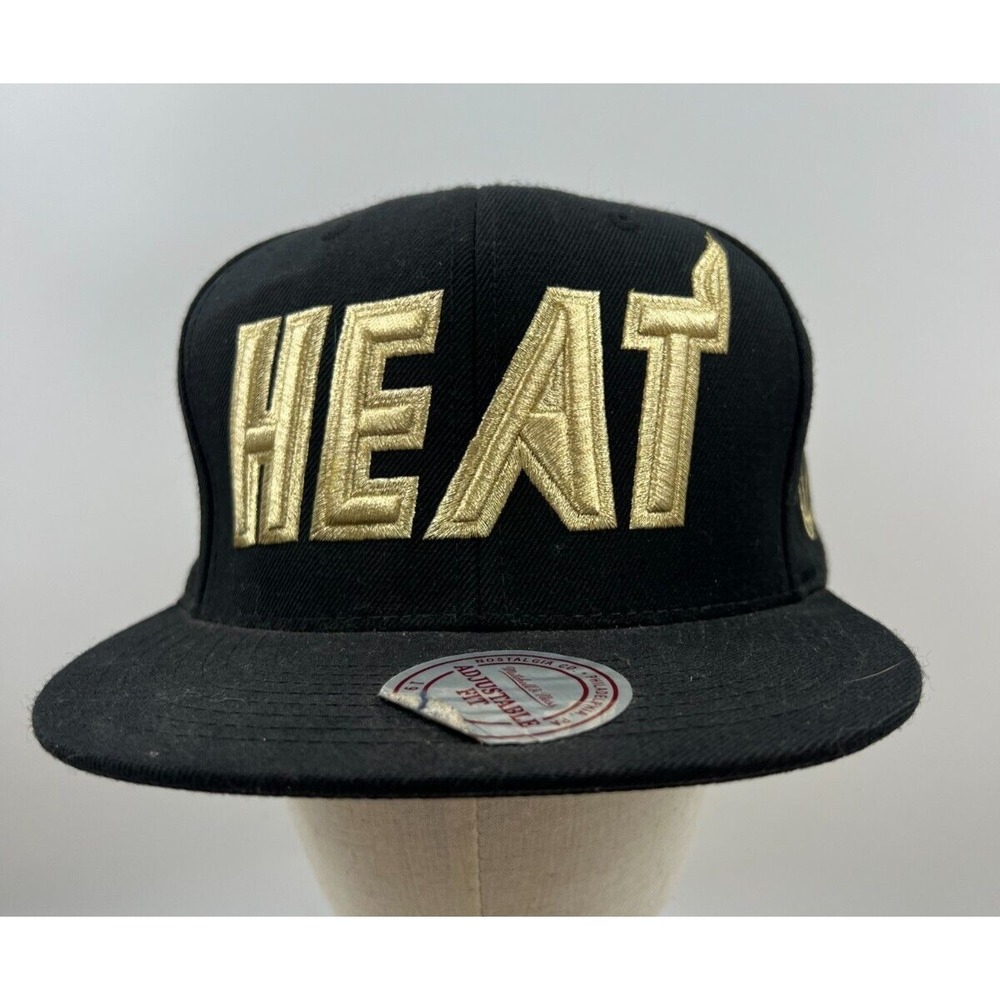 Mitchell & Ness Hat MENS MIAMI HEAT Adjustable NBA Black Gold Cap Flat Bill